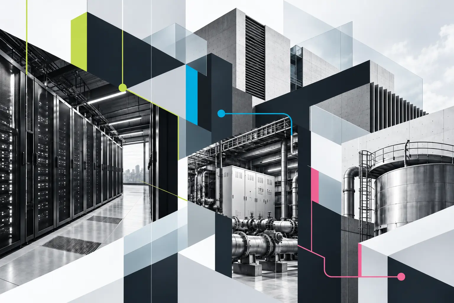 Editorial collage connecting digital, energy and water infrastructure